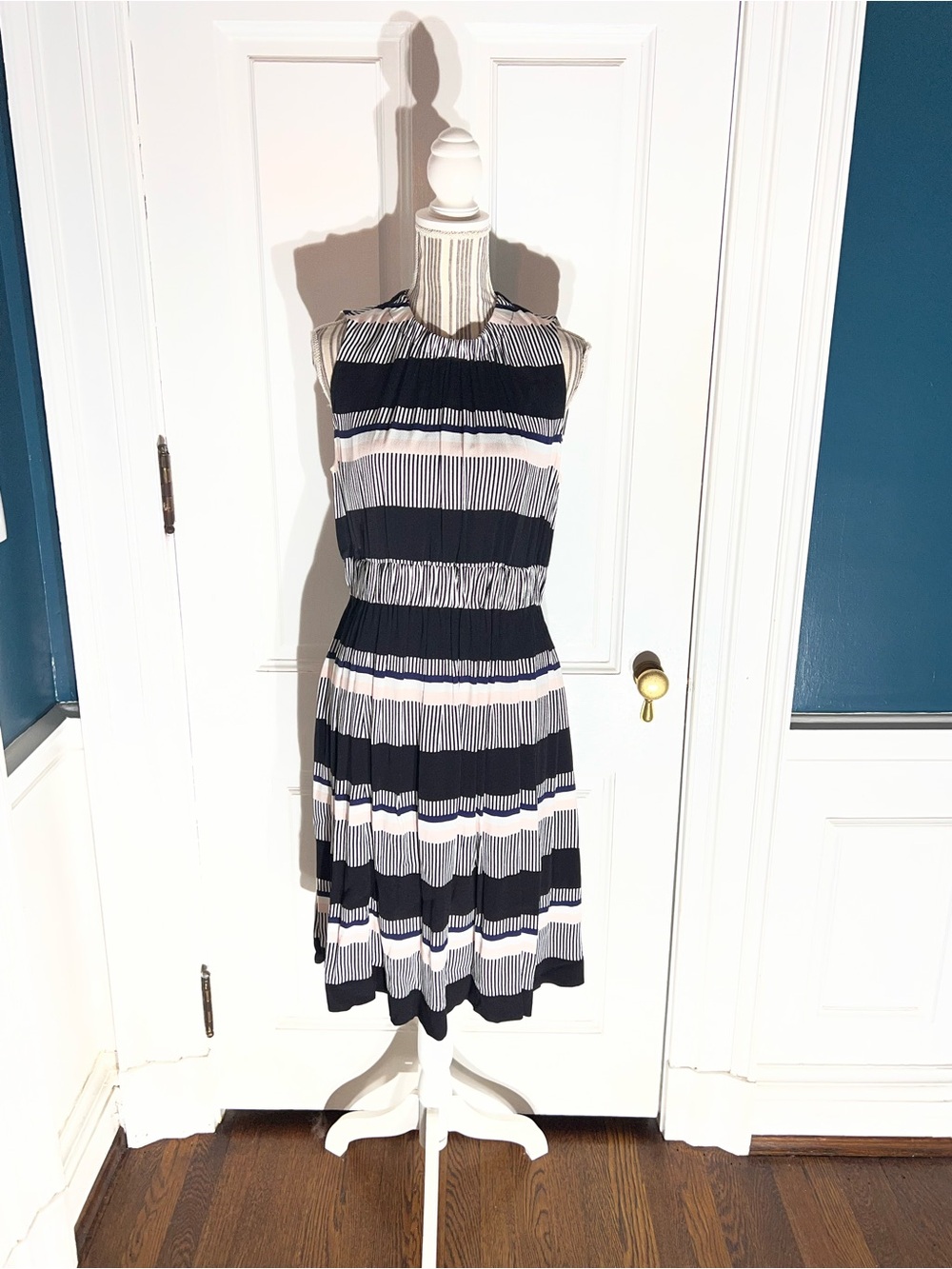 kate spade Navy and White Striped Sleeveless Pleated Midi Dress
